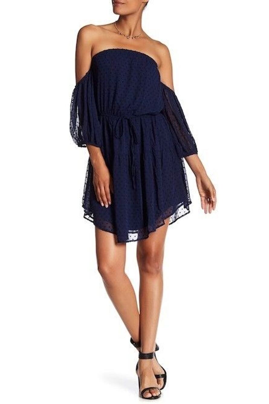 Symphony Navy Blue Eyelet Off Shoulder Mini Dress Layered Ruffle Medium NWT